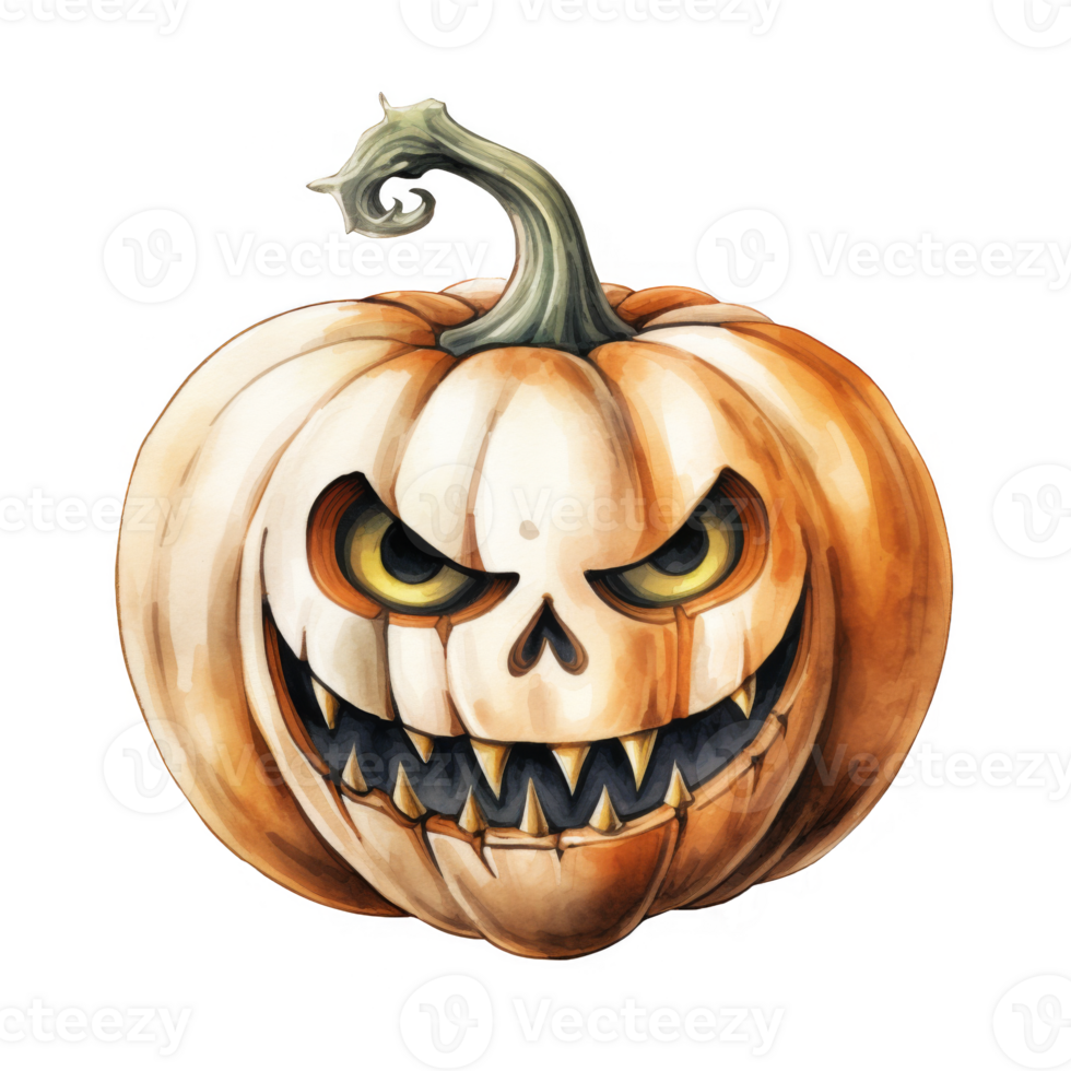 A Watercolor Illustration of a Carved Halloween Pumpkin with a Glowing, Fanged Smile png