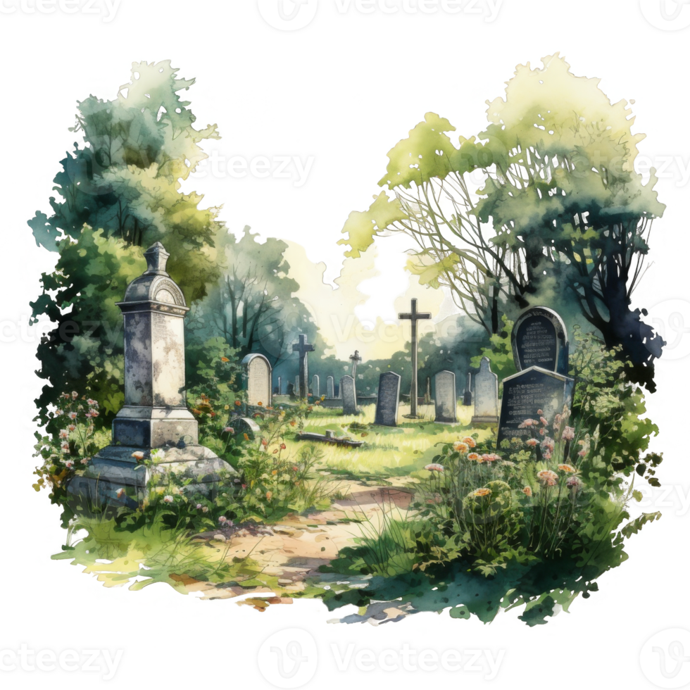 Watercolor Painting of a Graveyard with Stone Monuments, Crosses, and Flowers png