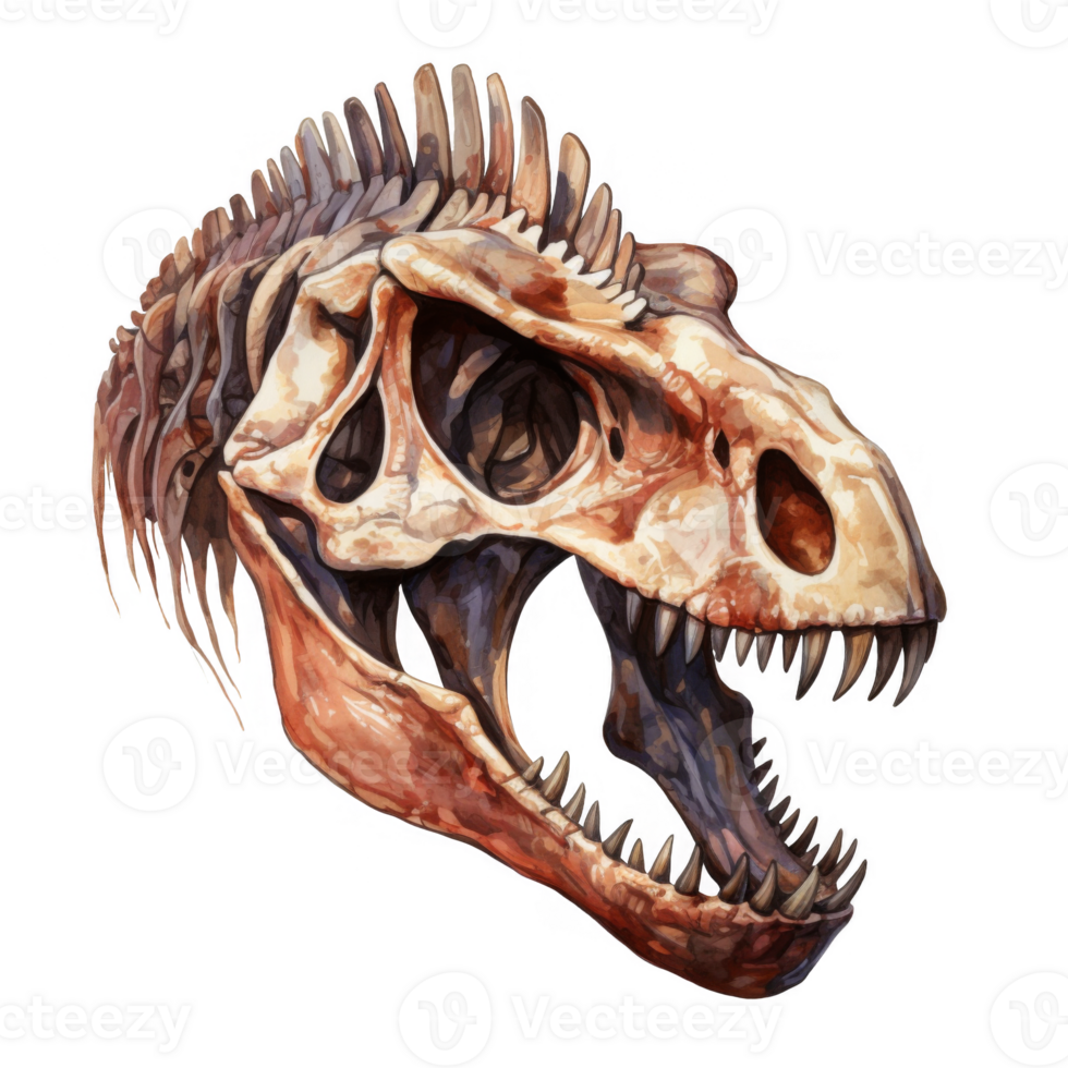 Watercolor Illustration of a Dinosaur Skull with Open Jaw png