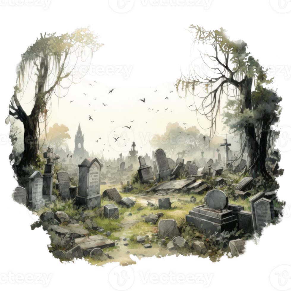A Foggy, Abandoned Graveyard with Broken Headstones and Birds Flying Overhead png