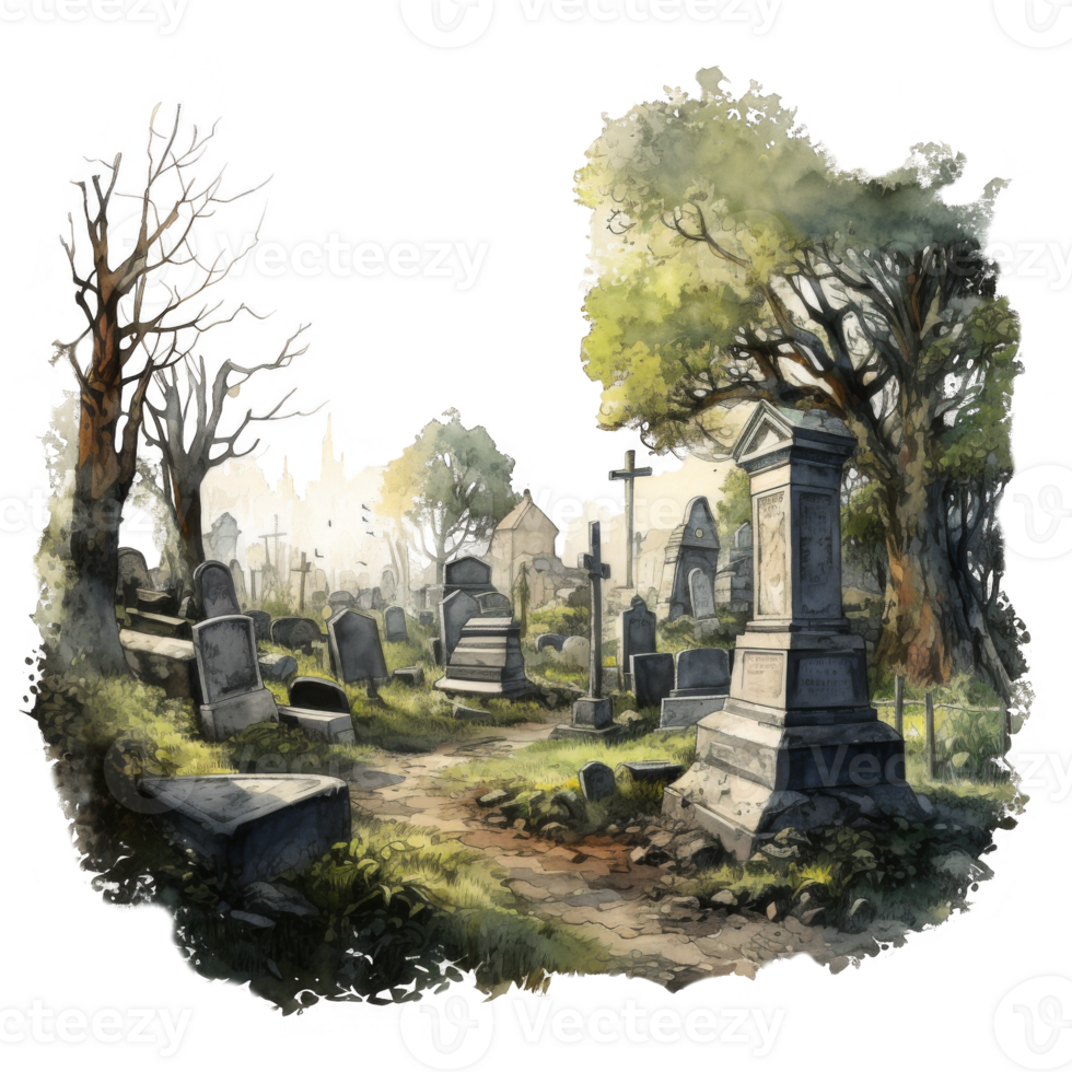 Watercolor Painting of a Cemetery with Tombstones, Trees, and a Stone Path png