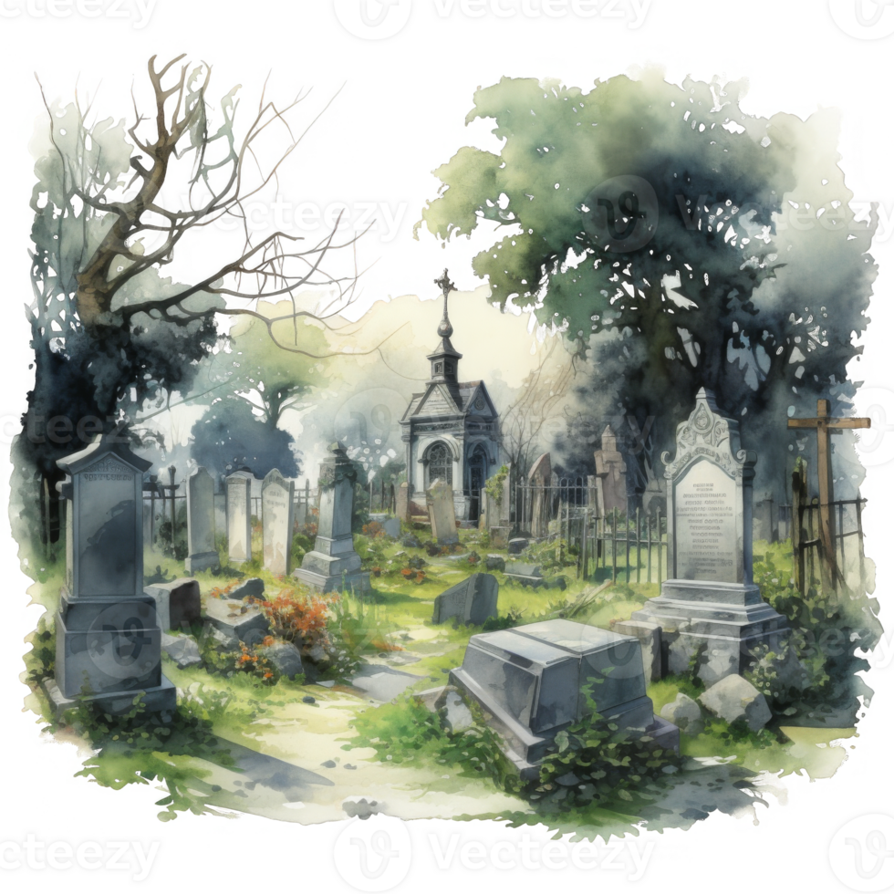 A Watercolor Painting of a Tranquil Graveyard with an Old Chapel png