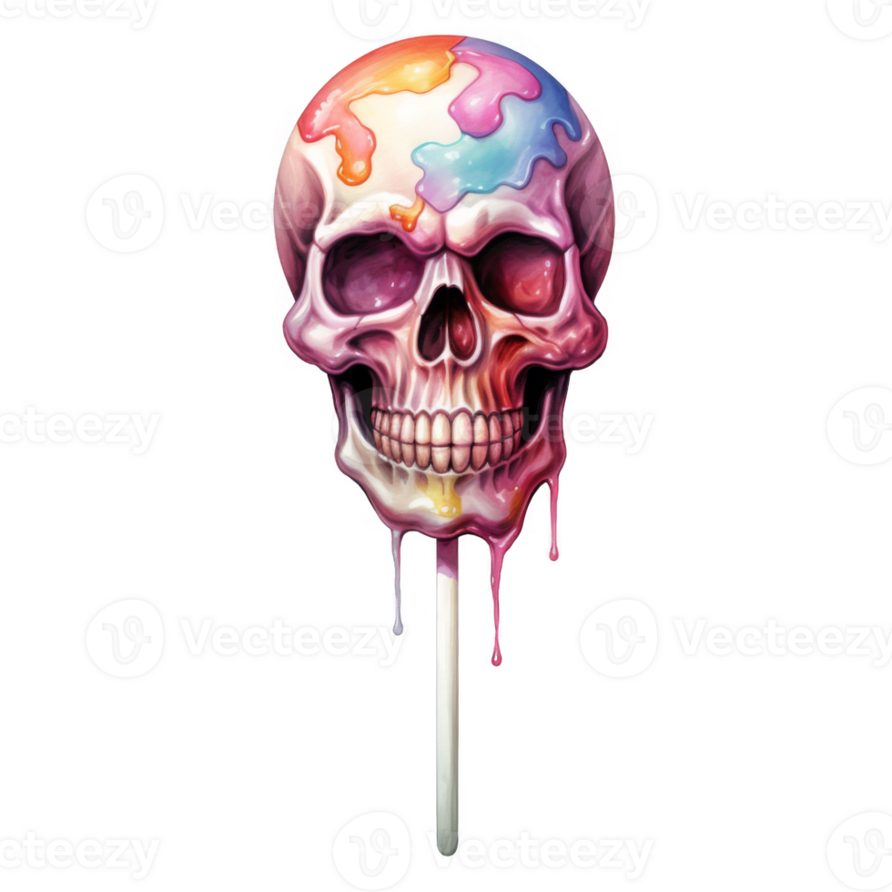 A Colorful Skull-Shaped Lollipop with Dripping Candy png