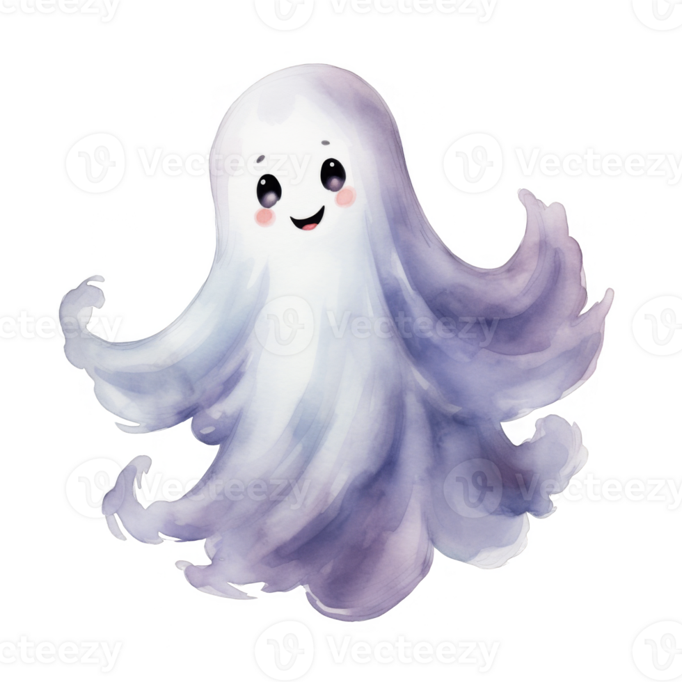 Watercolor Illustration of a Smiling Ghost with Purple Hues png