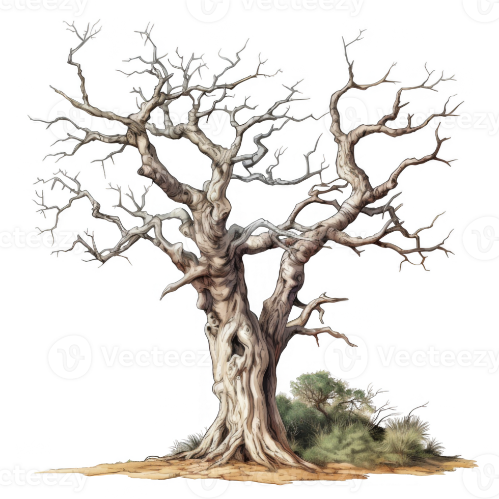 A weathered, bare-branched tree with intricate roots and surrounding greenery png