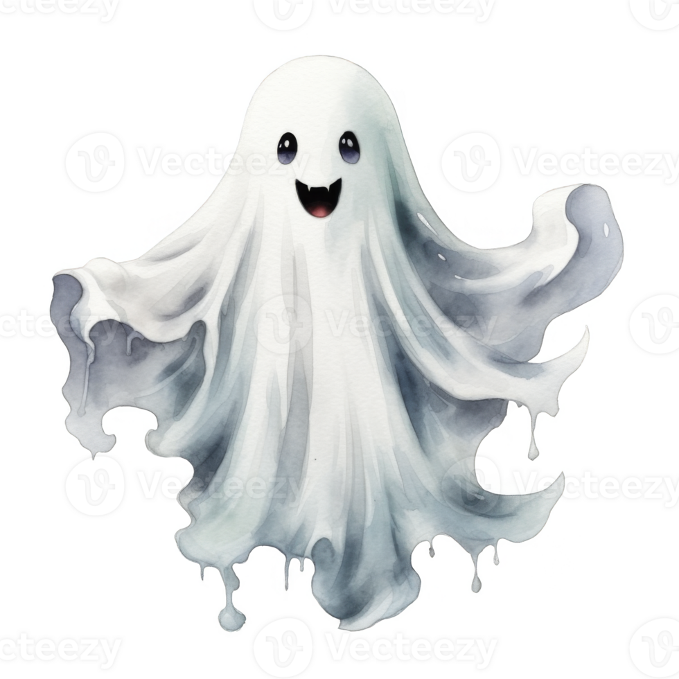 Watercolor Illustration of a Smiling Ghost with Dripping Edges png