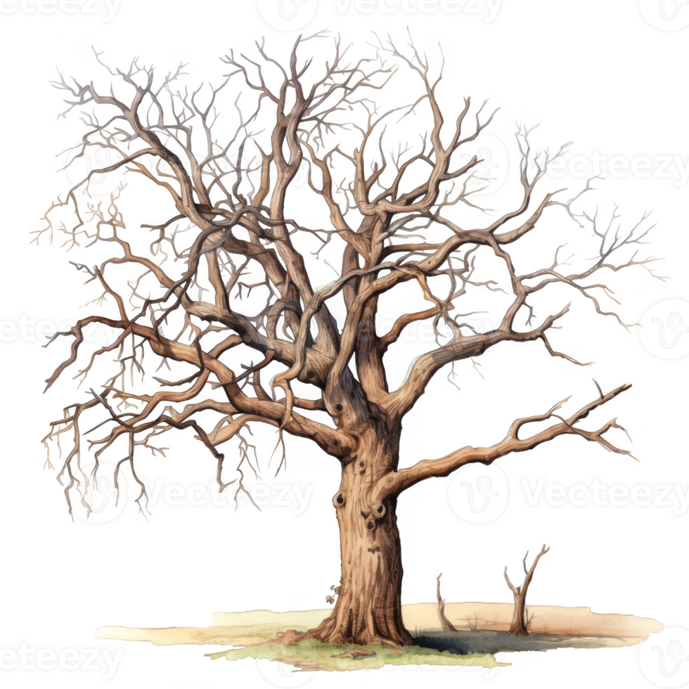 A Detailed Watercolor Illustration of a Large, Bare Tree png