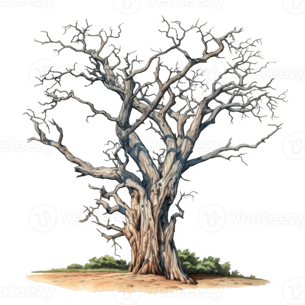 A weathered, gnarled tree with intertwined branches and a thick trunk, standing against a white background. png