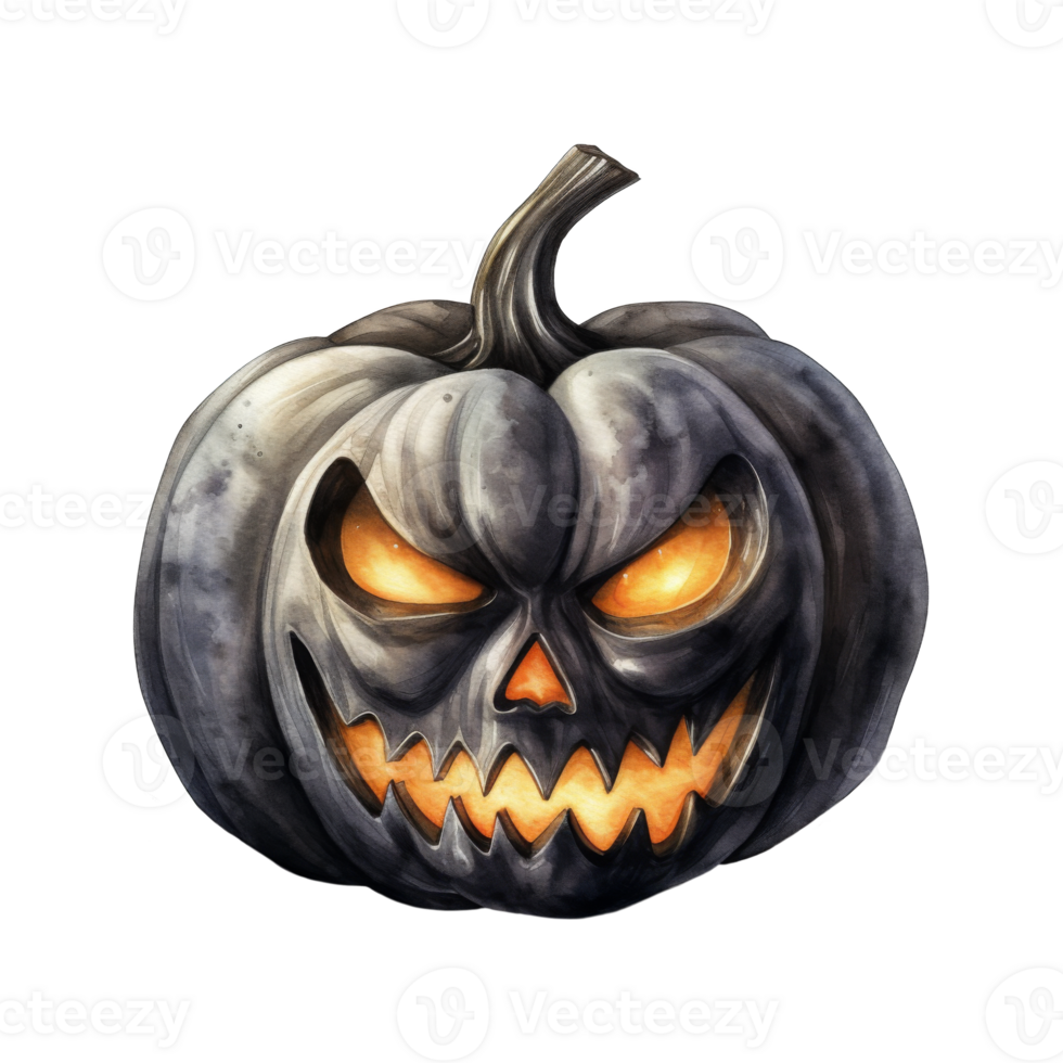 Watercolor Illustration of a Carved Black Pumpkin with an Evil Grin and Glowing Eyes png