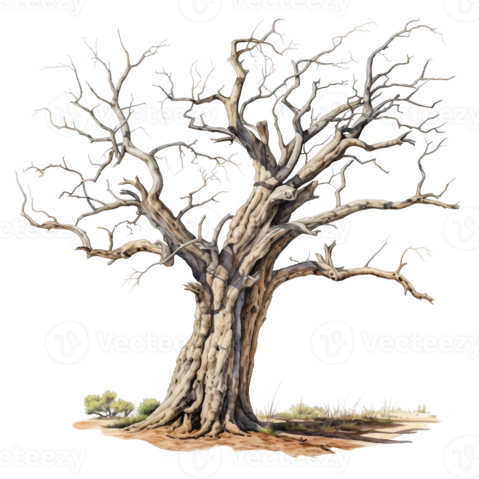 A Watercolor Painting of a Dead Tree with Bare Branches png