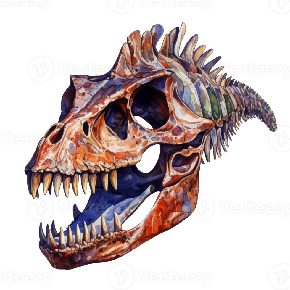 A Detailed Watercolor Painting of a Tyrannosaurus Rex Skull png