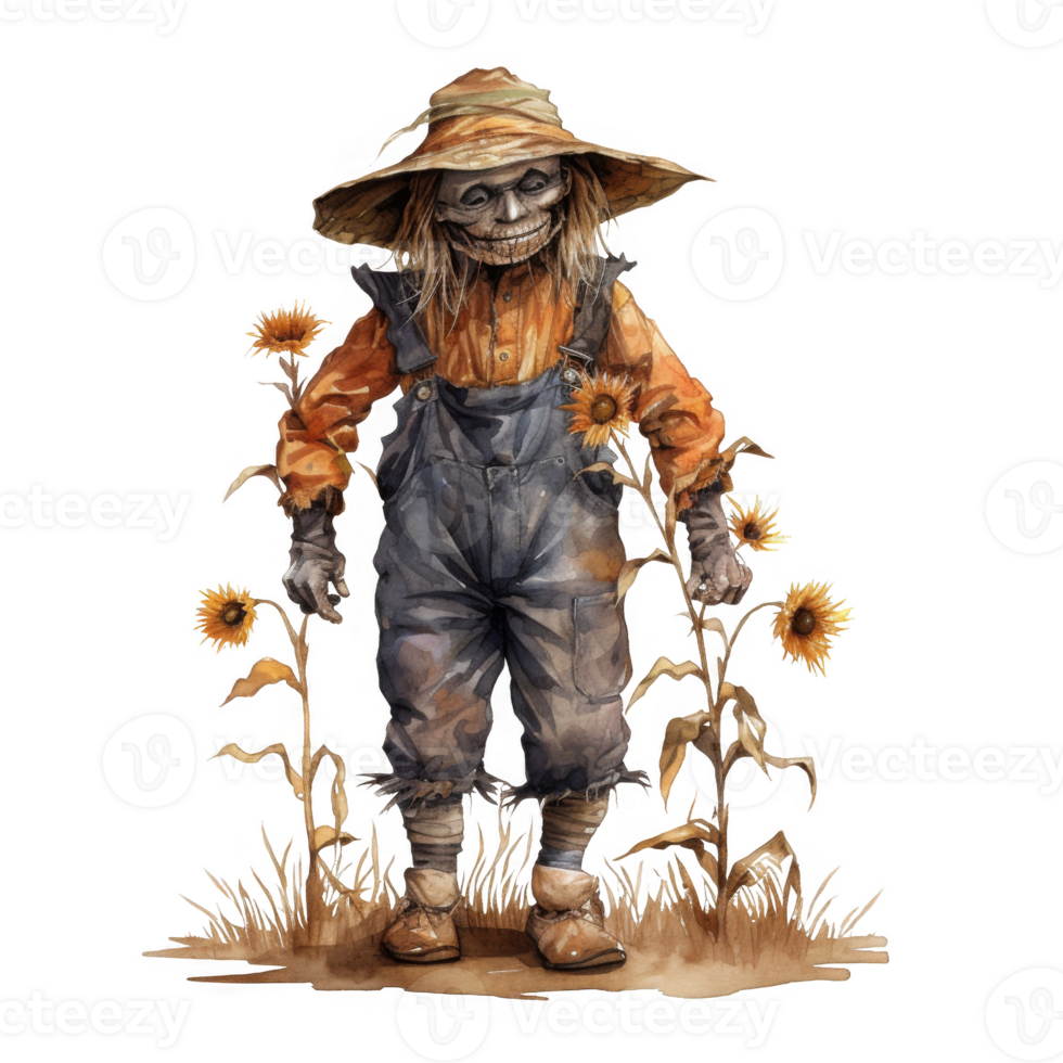 A scarecrow with a hat and overalls standing in a field png