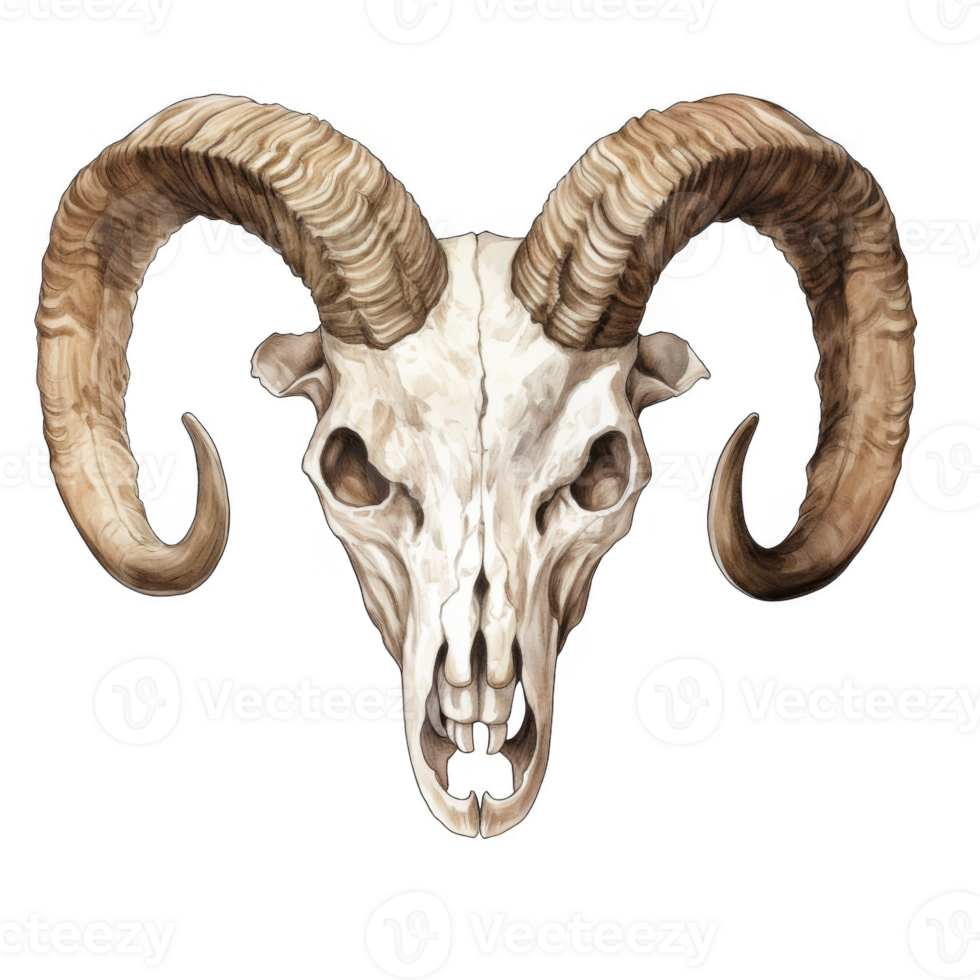 A detailed pencil drawing of a ram skull with large horns png