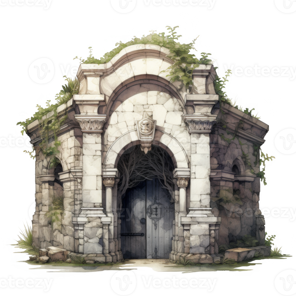 An Overgrown Stone Structure with an Archway and Wooden Door png