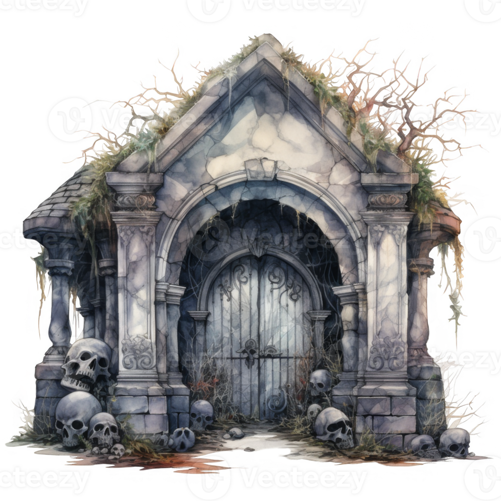 An Overgrown Stone Archway with Skulls and a Weathered Iron Gate png