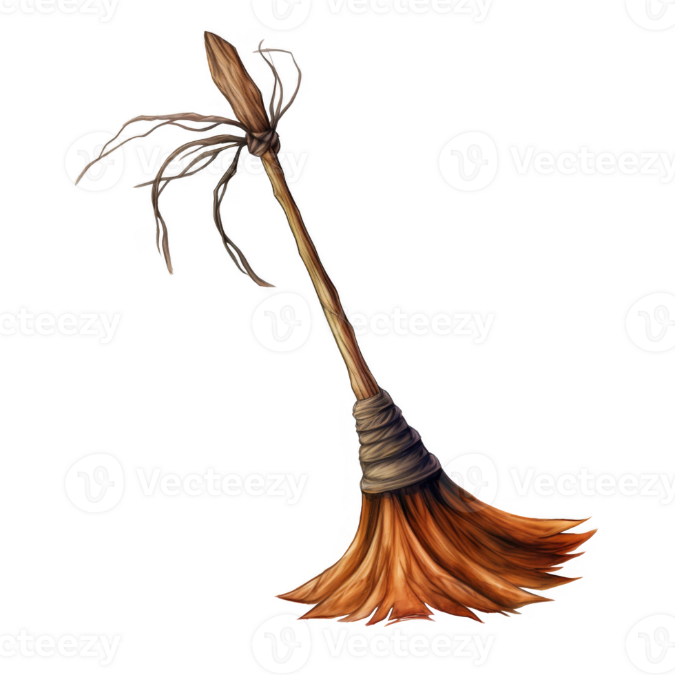 A Detailed Illustration of a Traditional Wooden Broom with Twine Binding png