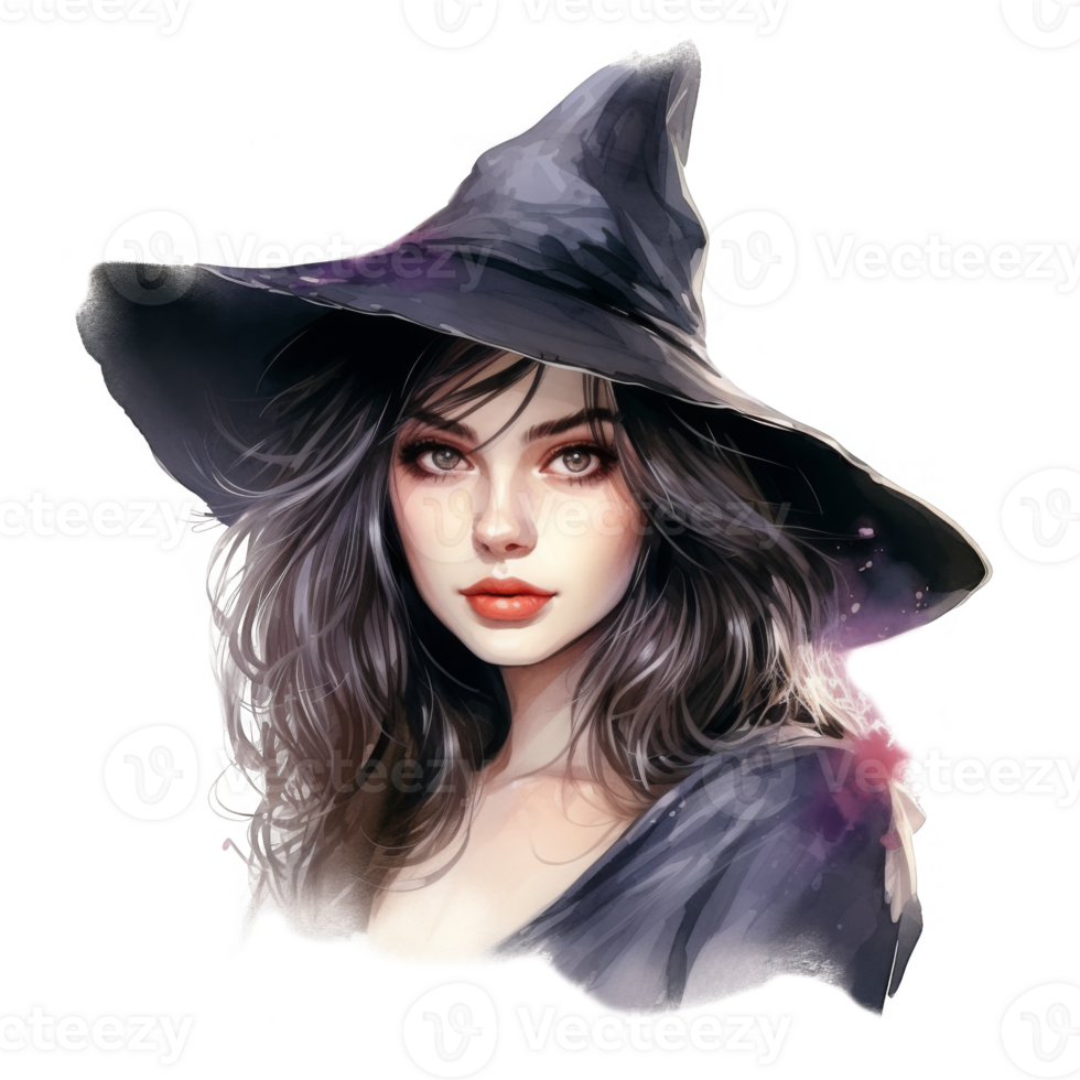 Portrait of a Woman in a Witch's Hat with Watercolor Splashes png