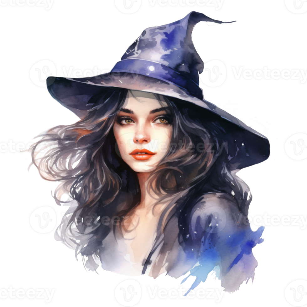 Watercolor Portrait of a Woman in a Witch Hat png