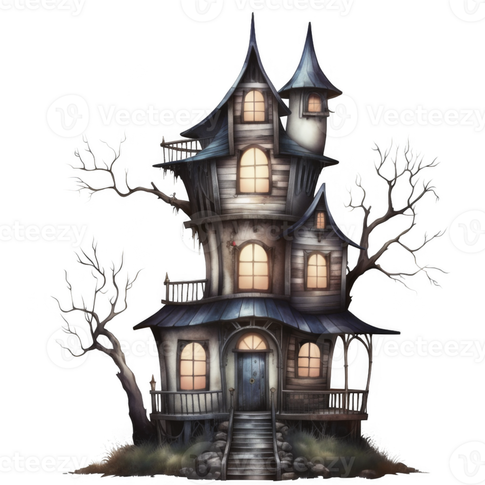 An Enchanting, Multi-Story, Wooden Tower House with Crows and Bare Trees png
