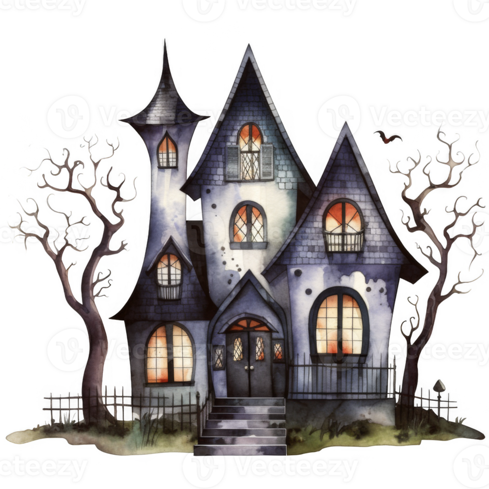 Watercolor Illustration of a Haunted House with Glowing Windows png