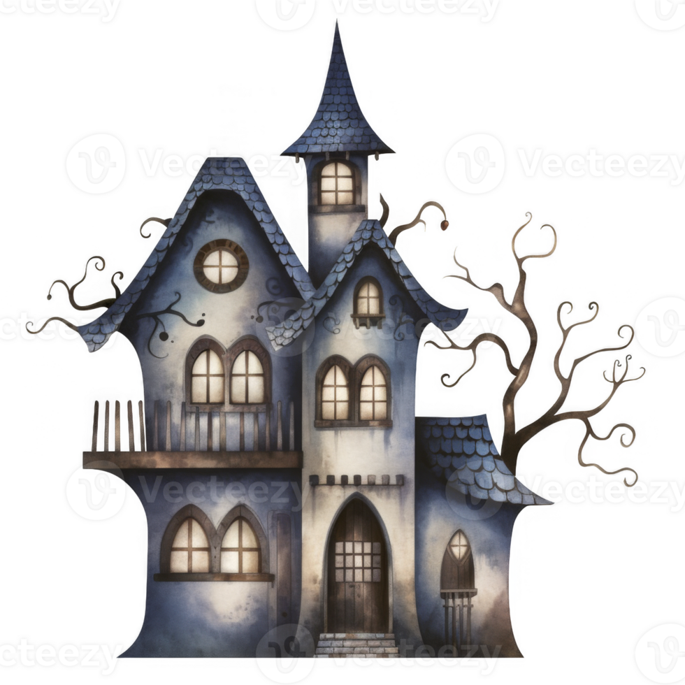 Watercolor Illustration of a Gothic-Style House with Twisted Branches png