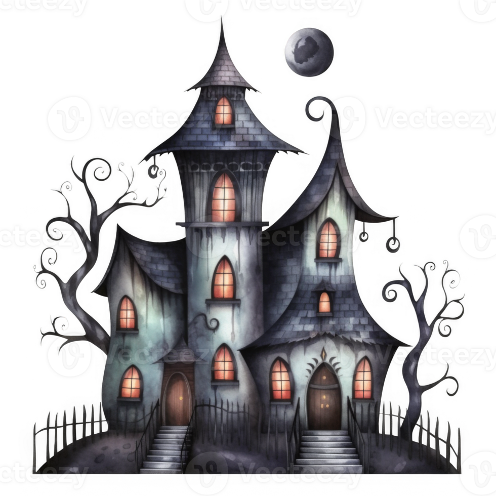 Watercolor Illustration of a Spooky Haunted House with Twisted Trees png