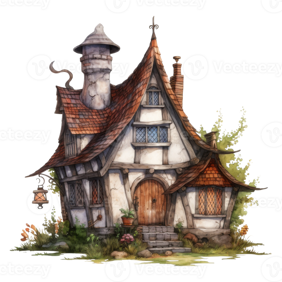 A charming, stone-built cottage with a red tiled roof and a tall chimney png