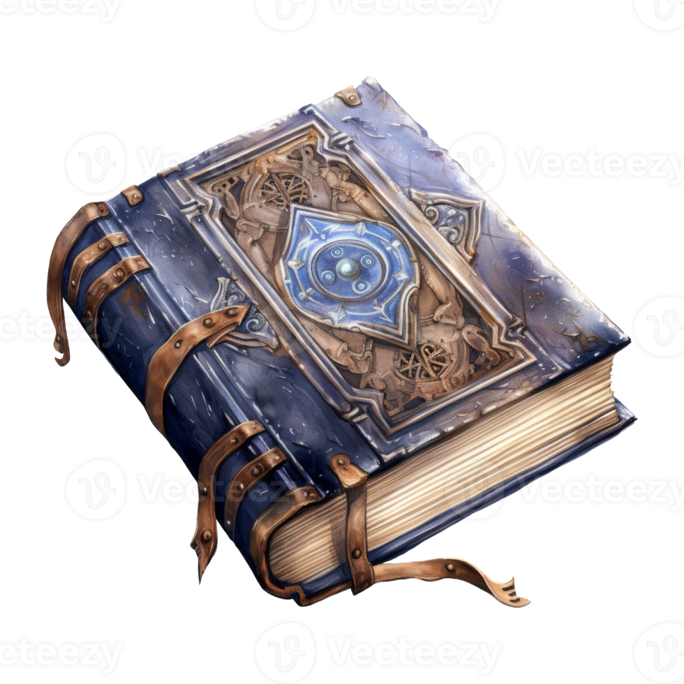 Ornate, Blue, Leather-Bound Book with Metal Clasps and Intricate Design png