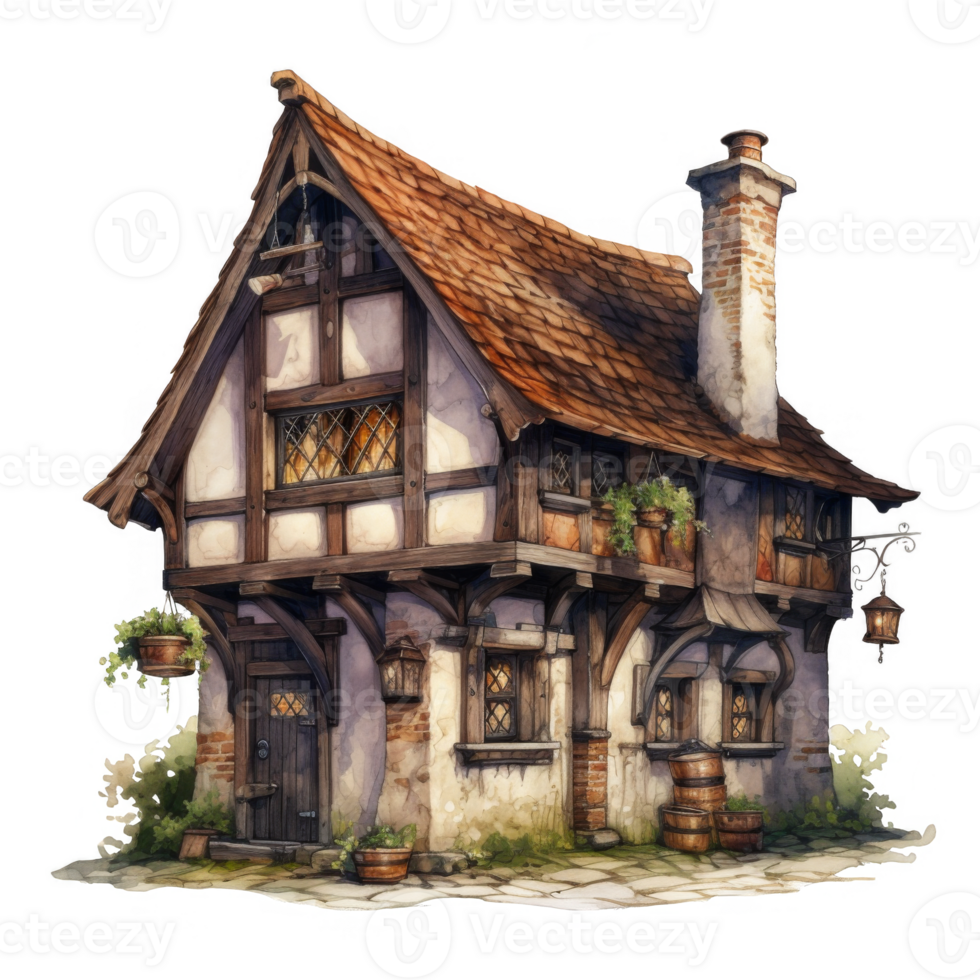 A Quaint, Half-Timbered Cottage with a Brick Chimney and a Lantern png