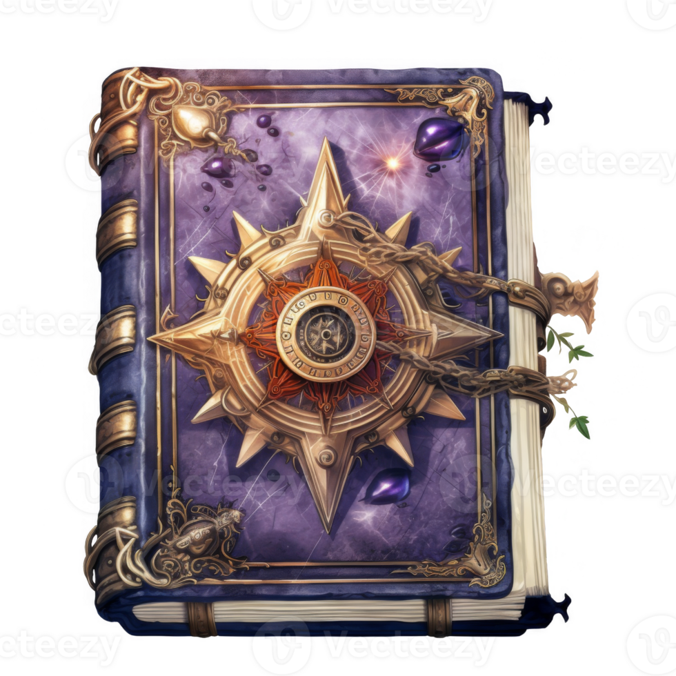 A Purple-Bound Book with a Golden Compass and Vines png