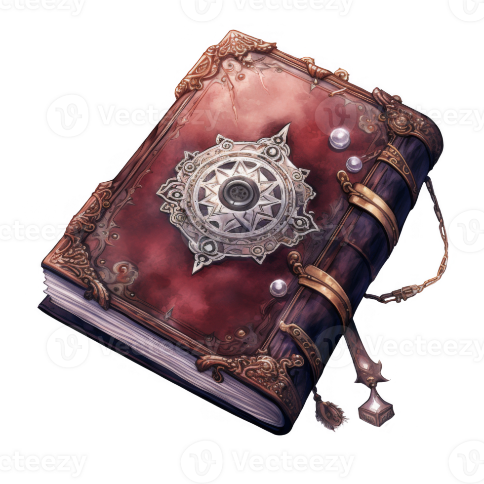 Ornate, Red-Bound Book with Star-Shaped Emblem and Chain png