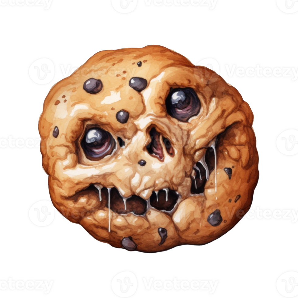 A Watercolor Illustration of a Grotesque, Smiling Chocolate Chip Cookie png