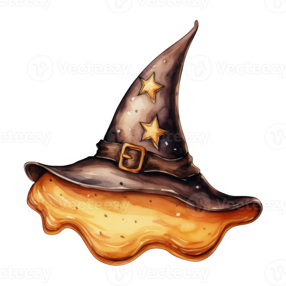 Watercolor illustration of a witch's hat melting into a puddle of golden liquid png