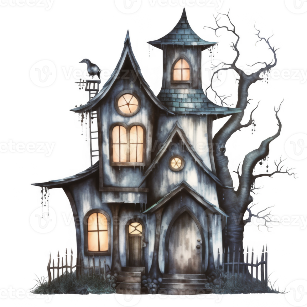 A Watercolor Illustration of a Creepy Haunted House with a Dead Tree png