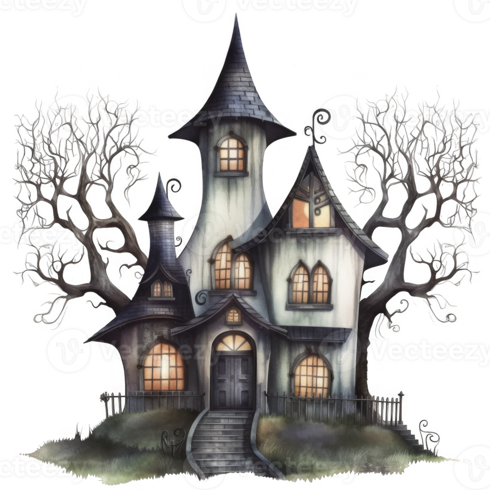 Enchanting Watercolor Illustration of a Mysterious Haunted House png