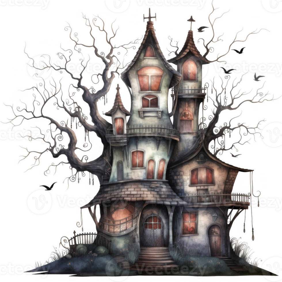 An Enchanting and Slightly Eerie Watercolor Illustration of a Twisted House Growing From a Tree png