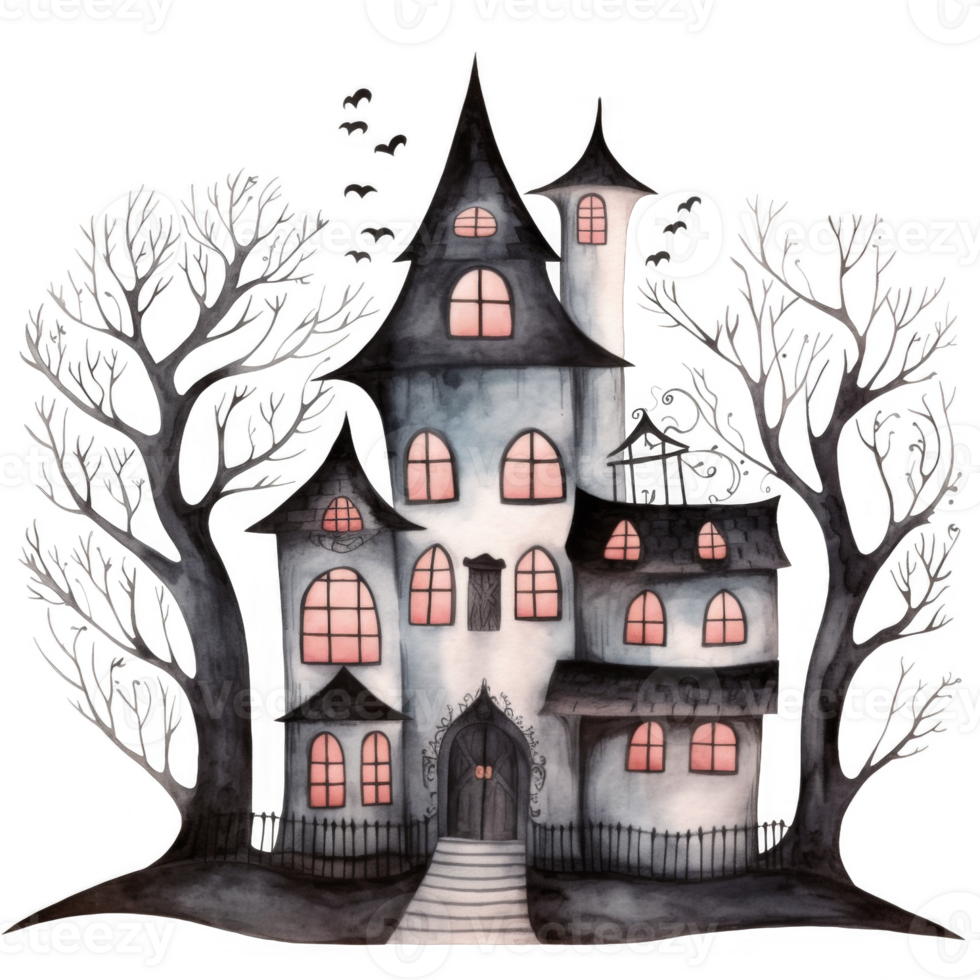 Watercolor Painting of a Haunted House with Bare Trees and Bats png