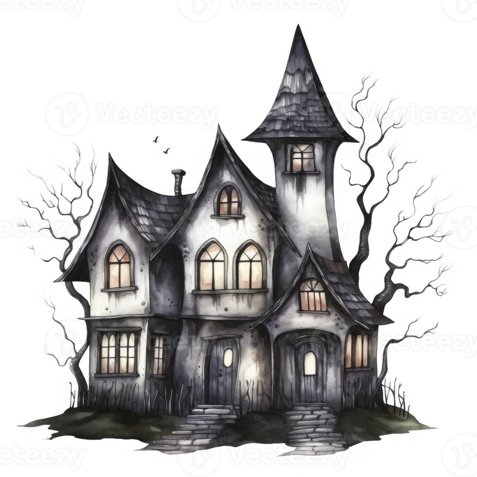 Watercolor Illustration of a Spooky Haunted House with a Tall Tower png