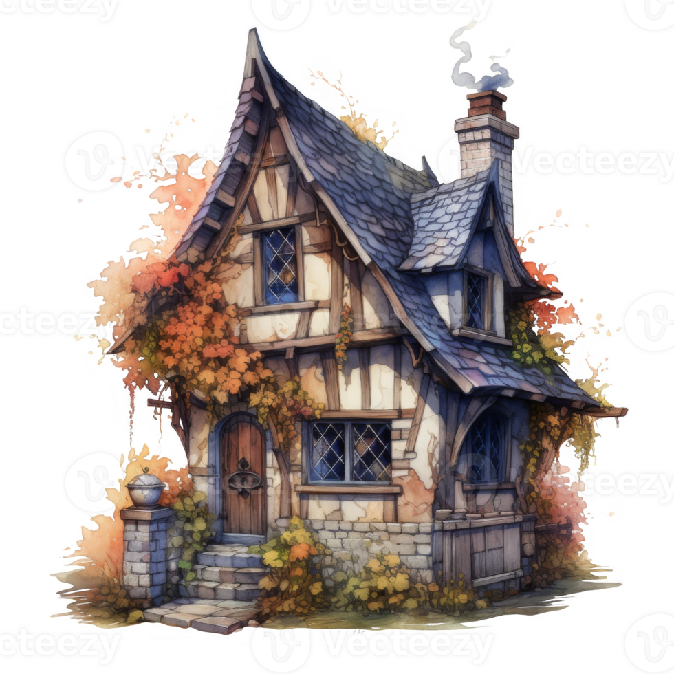 A Quaint, Stone Cottage with a Leafy Canopy and a Smokestack png