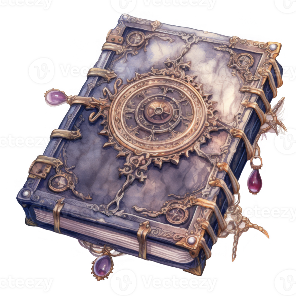 An ornate, closed book with a circular design and gemstone embellishments png