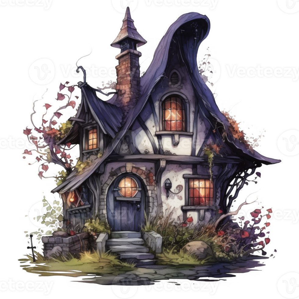 A Quaint and Enchanting Cottage with a Twisting Roof and Glowing Windows png