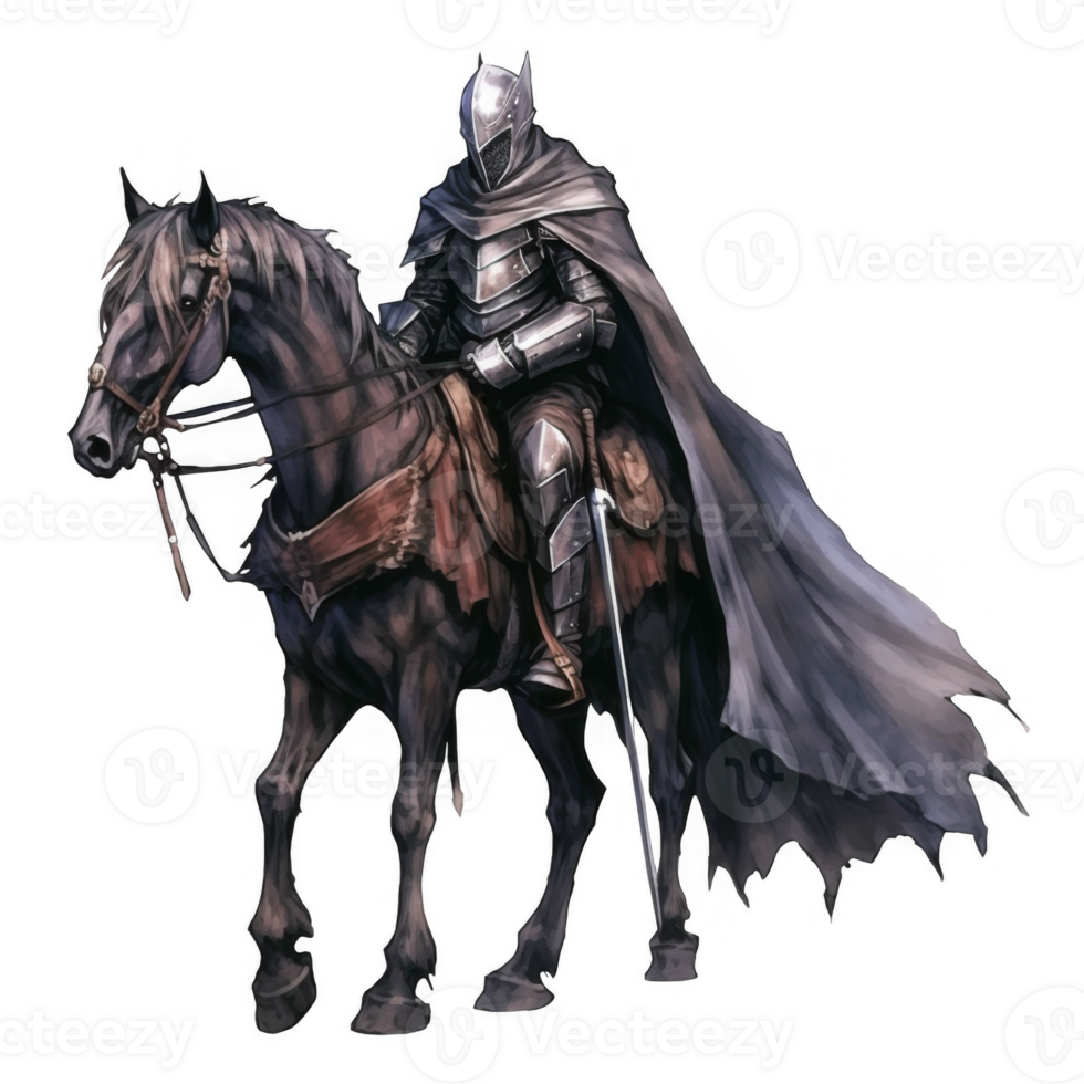 A knight in full armor riding a black horse with a flowing cape png