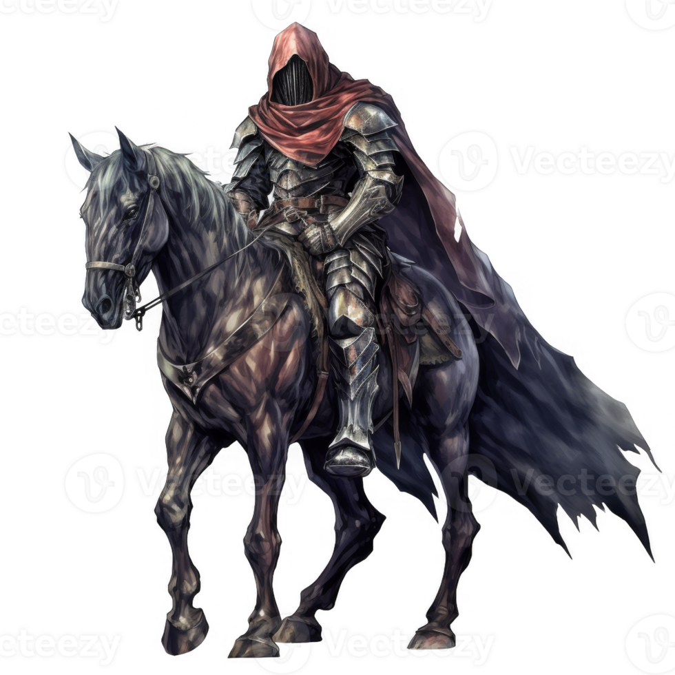A knight in full plate armor riding a black horse with a red hood png