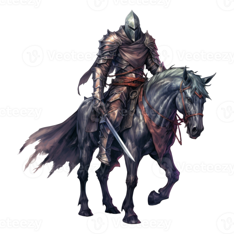 A knight in full armor, riding a black horse with a flowing cape. png