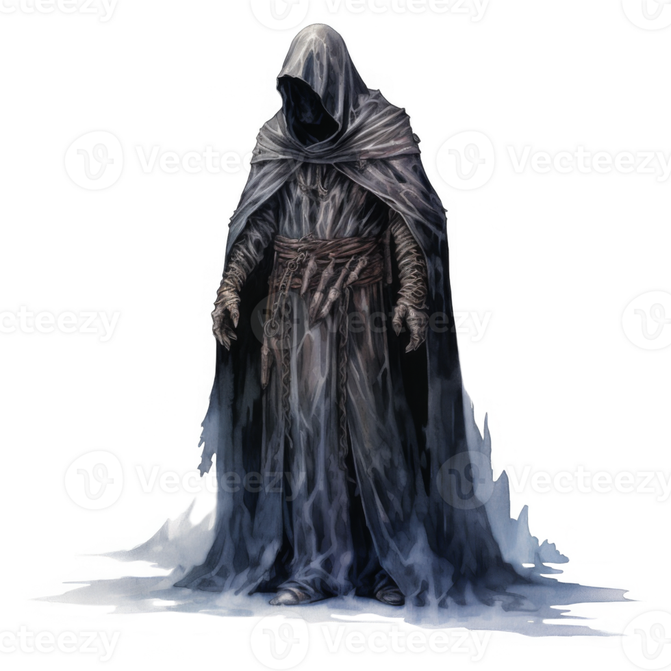 A hooded figure shrouded in shadows, standing against a white background png