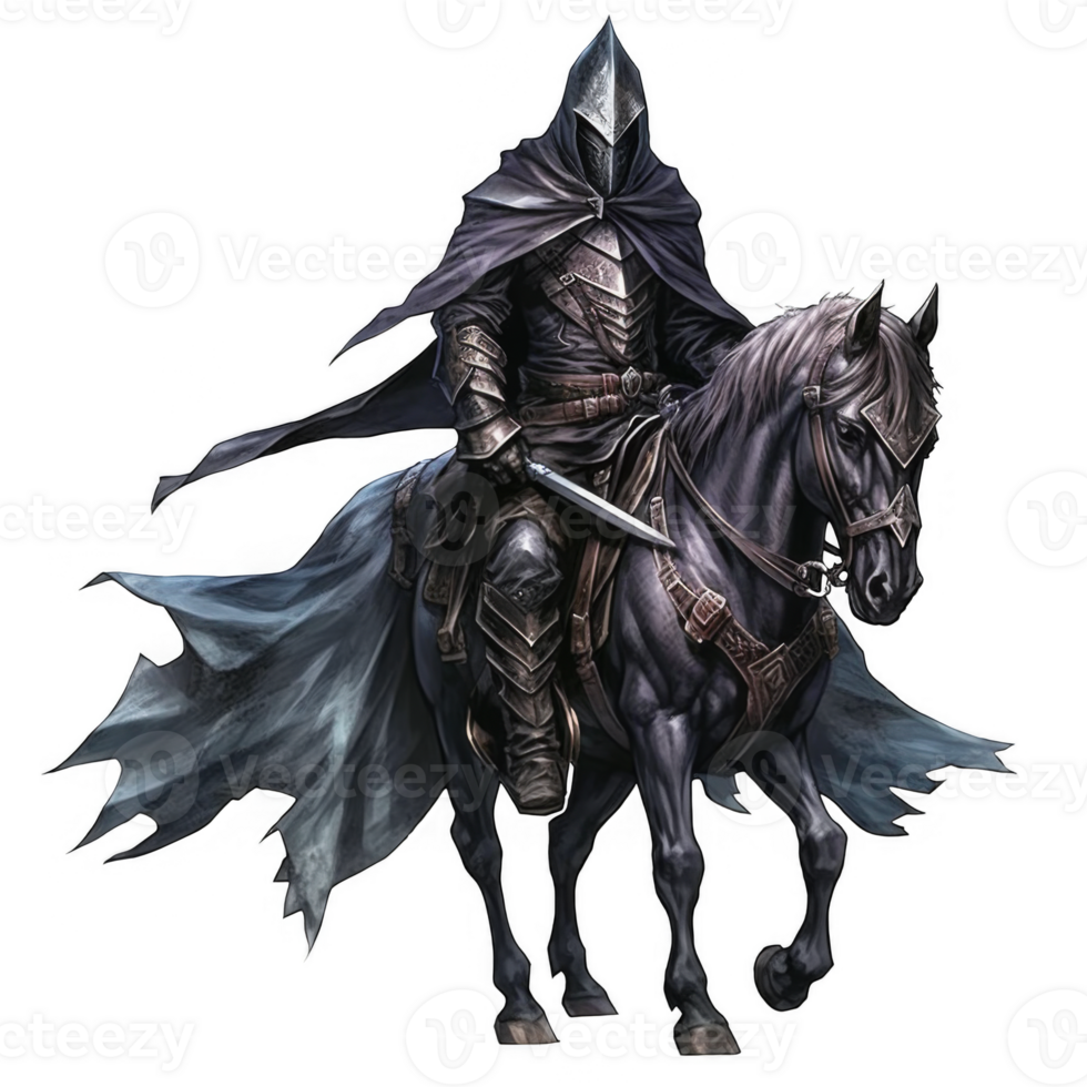 A Dark Knight Riding a Black Horse with a Flowing Cloak png