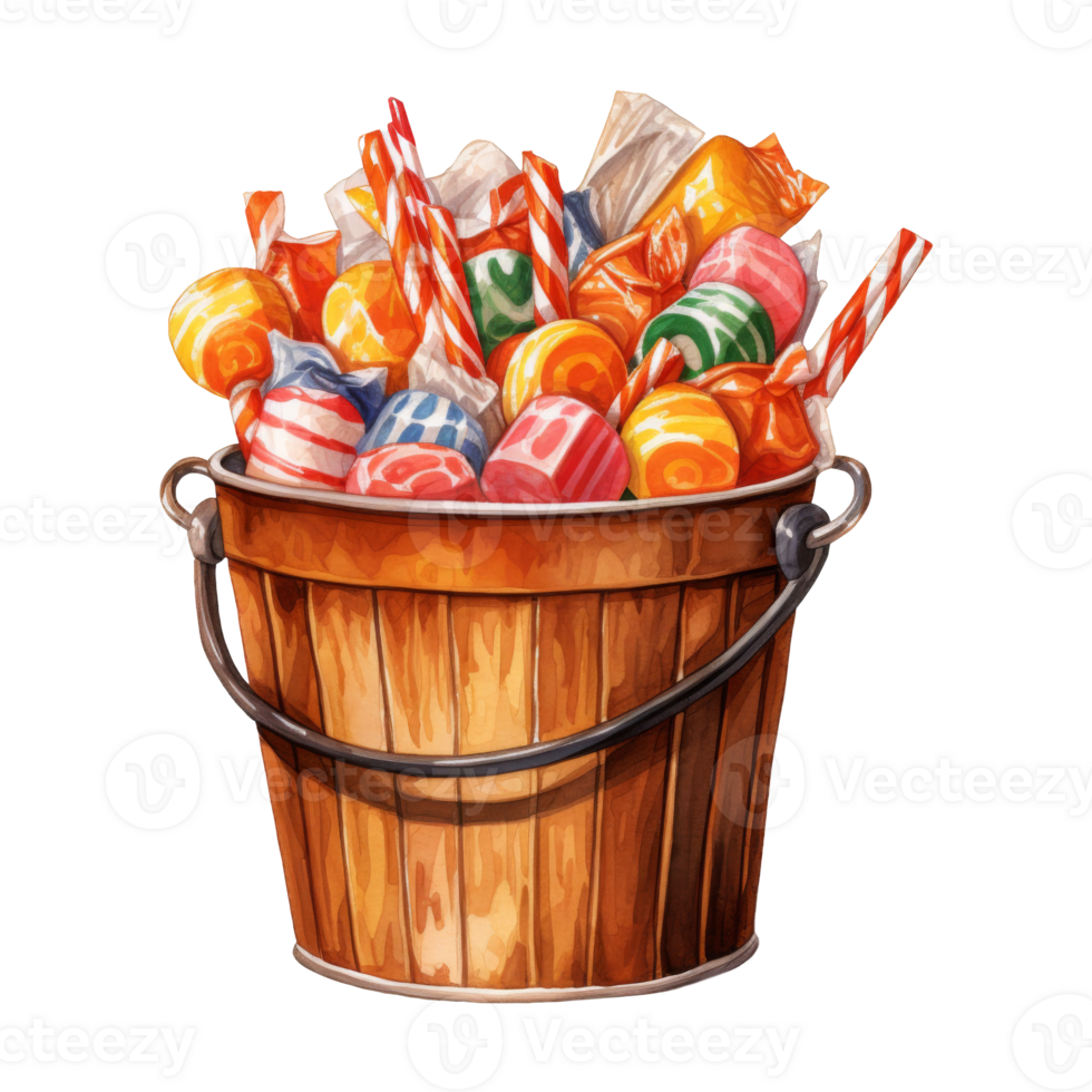Wooden Bucket Overflowing with Assorted Candies and Lollipops png