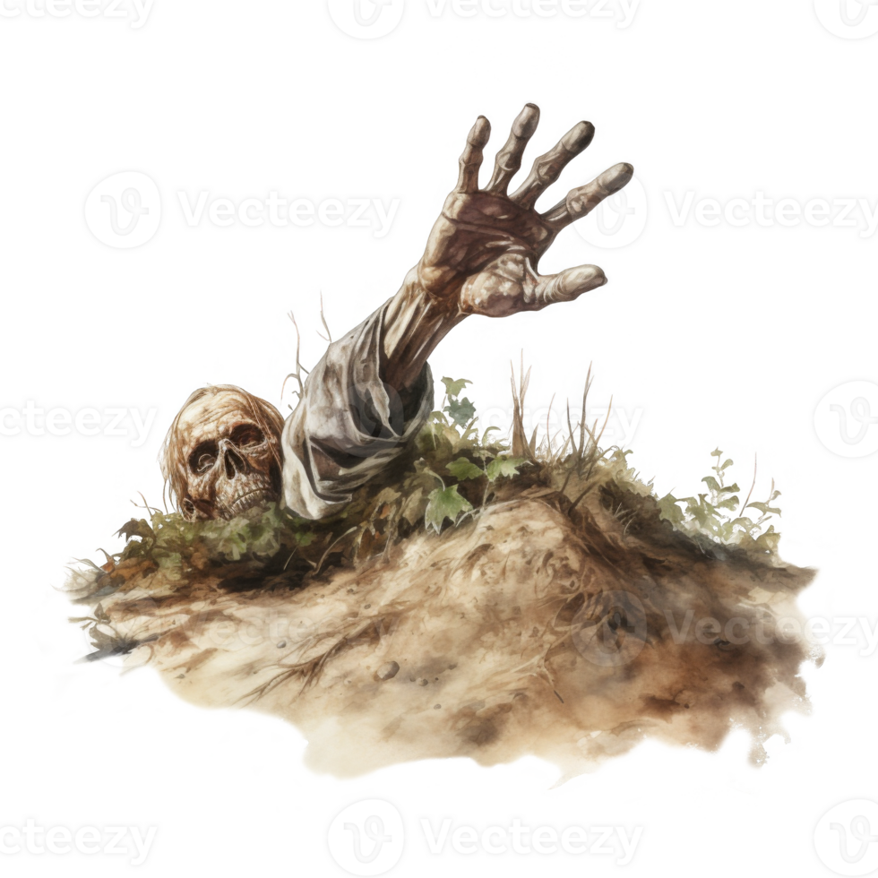 A hand reaching out from the ground with a zombie png