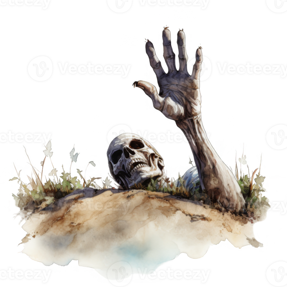 A watercolor drawing of a skeleton reaching up png