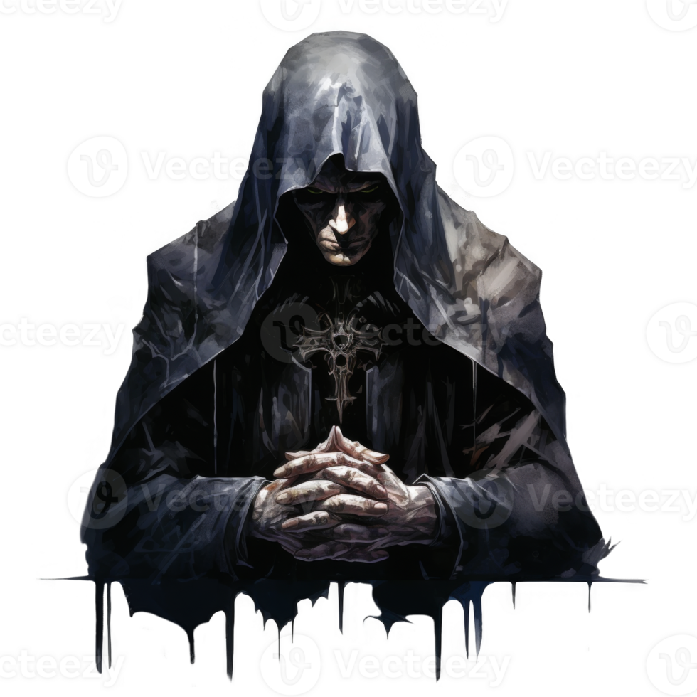 A hooded figure with a cross pendant, depicted in a painted style png